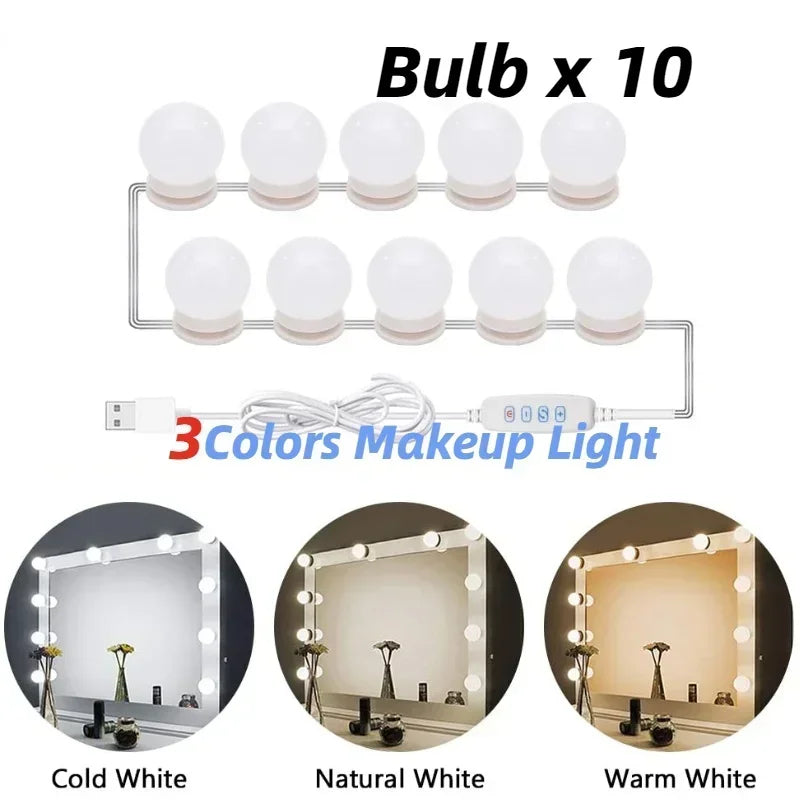 10 Bulbs — HoloSense 10-bulb LED mirror vanity light USB Hollywood makeup lighting
