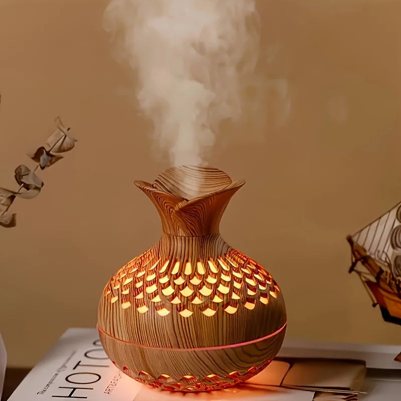 Flower Mist Humidifier — USB Quiet Mist Diffuser in Natural Woodgrain for Desk & Home