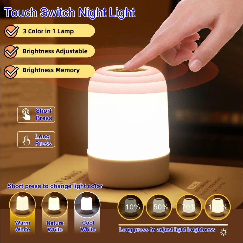 Night SoftBeam Touch LED Table Light — 3 Color Temperatures, Rechargeable & No-Battery Versions
