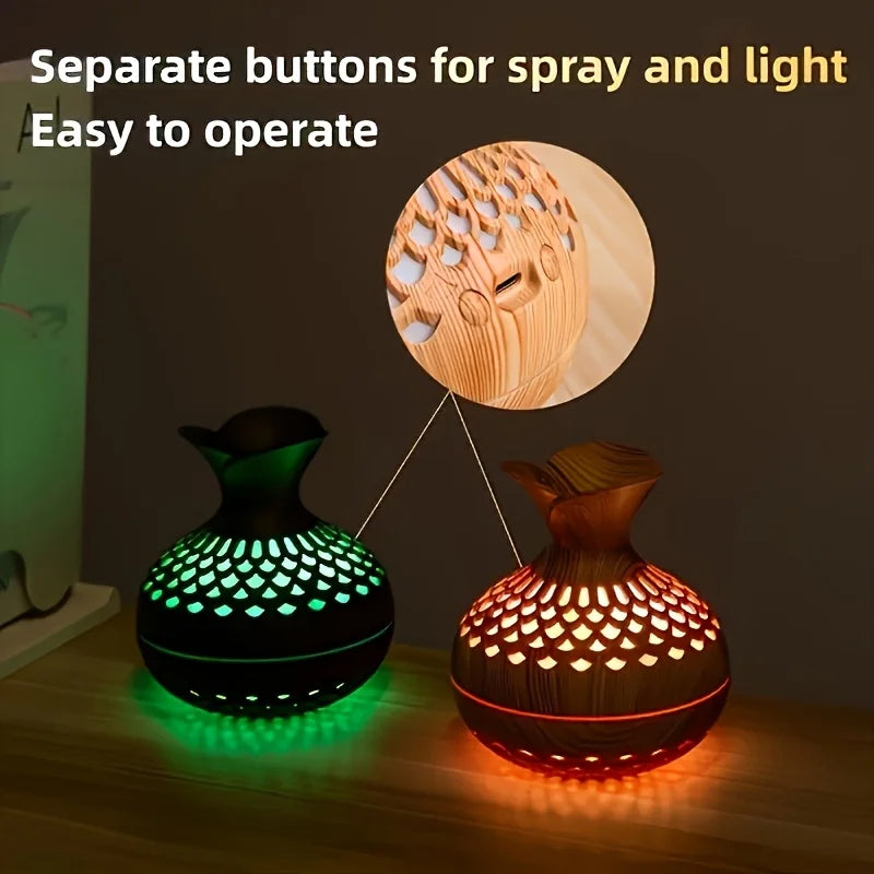 Flower Mist Humidifier — USB Quiet Mist Diffuser in Natural Woodgrain for Desk & Home