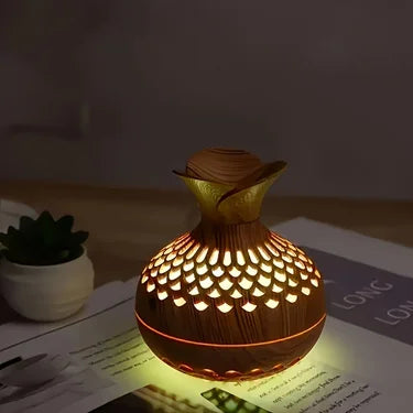 Flower Mist Humidifier — USB Quiet Mist Diffuser in Natural Woodgrain for Desk & Home