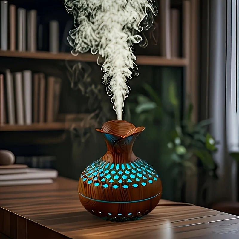 Flower Mist Humidifier — USB Quiet Mist Diffuser in Natural Woodgrain for Desk & Home