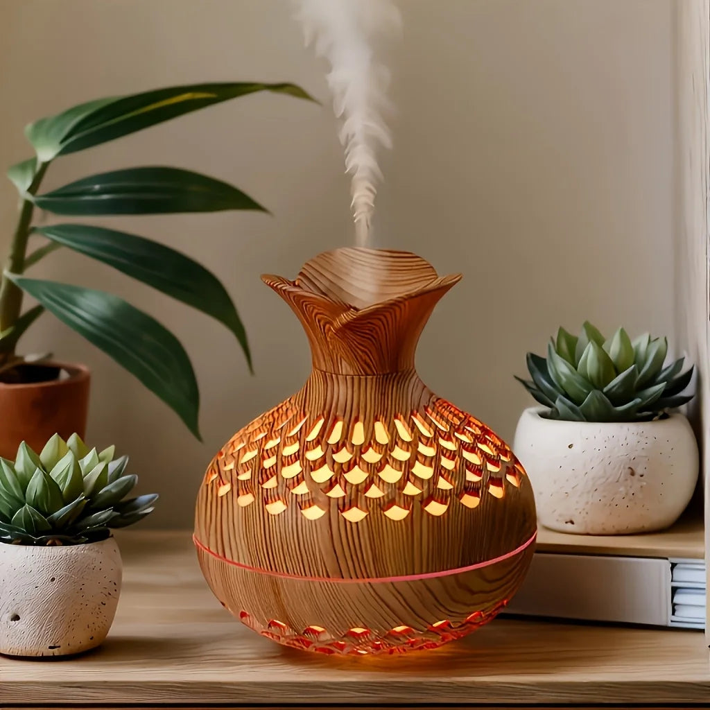 Flower Mist Humidifier — USB Quiet Mist Diffuser in Natural Woodgrain for Desk & Home