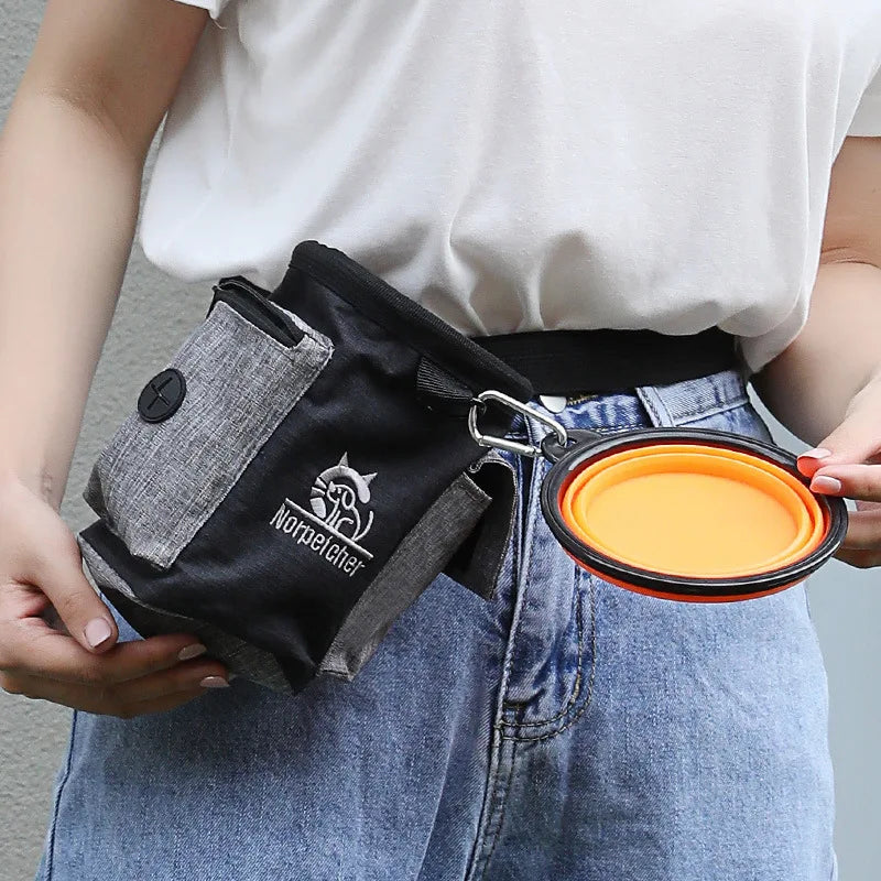 black pet travel bag and an orange pet bowl 